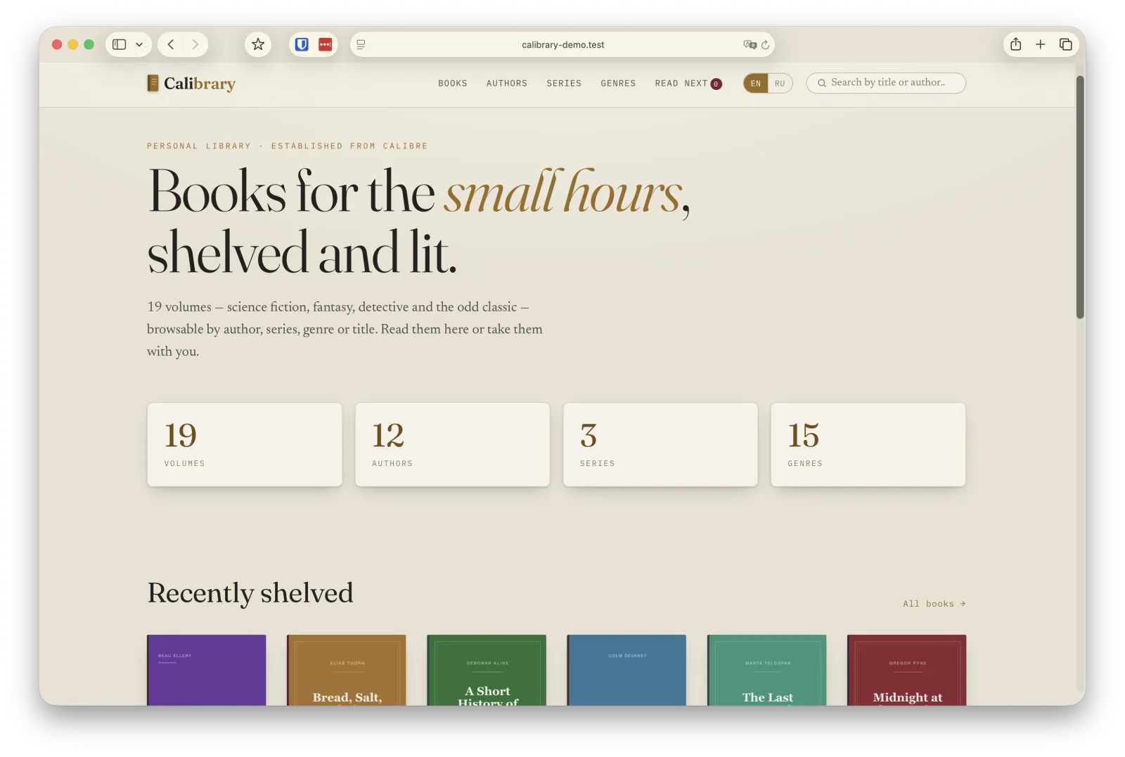 Calibrary home page with stats and a recently-shelved cover grid.