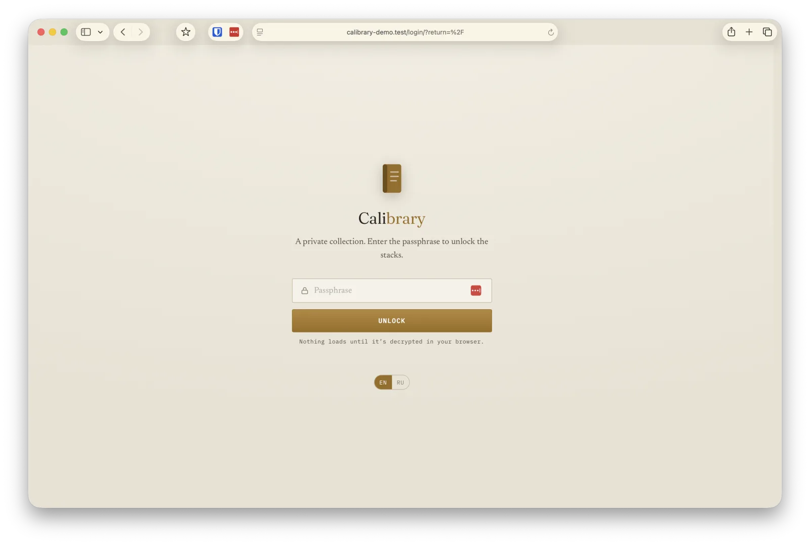 Calibrary unlock screen asking for a passphrase.