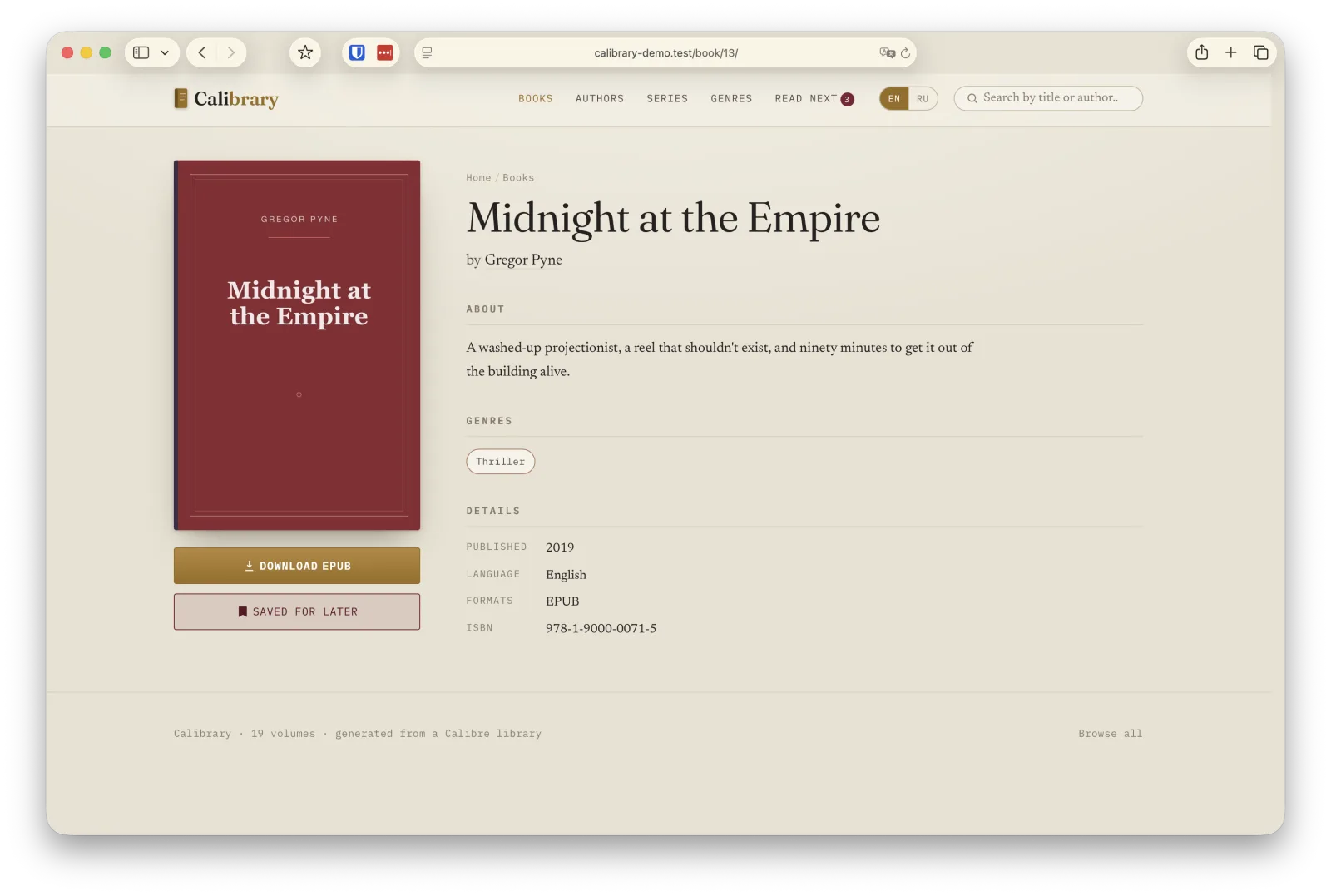 A Calibrary book detail page with cover, download and read options.