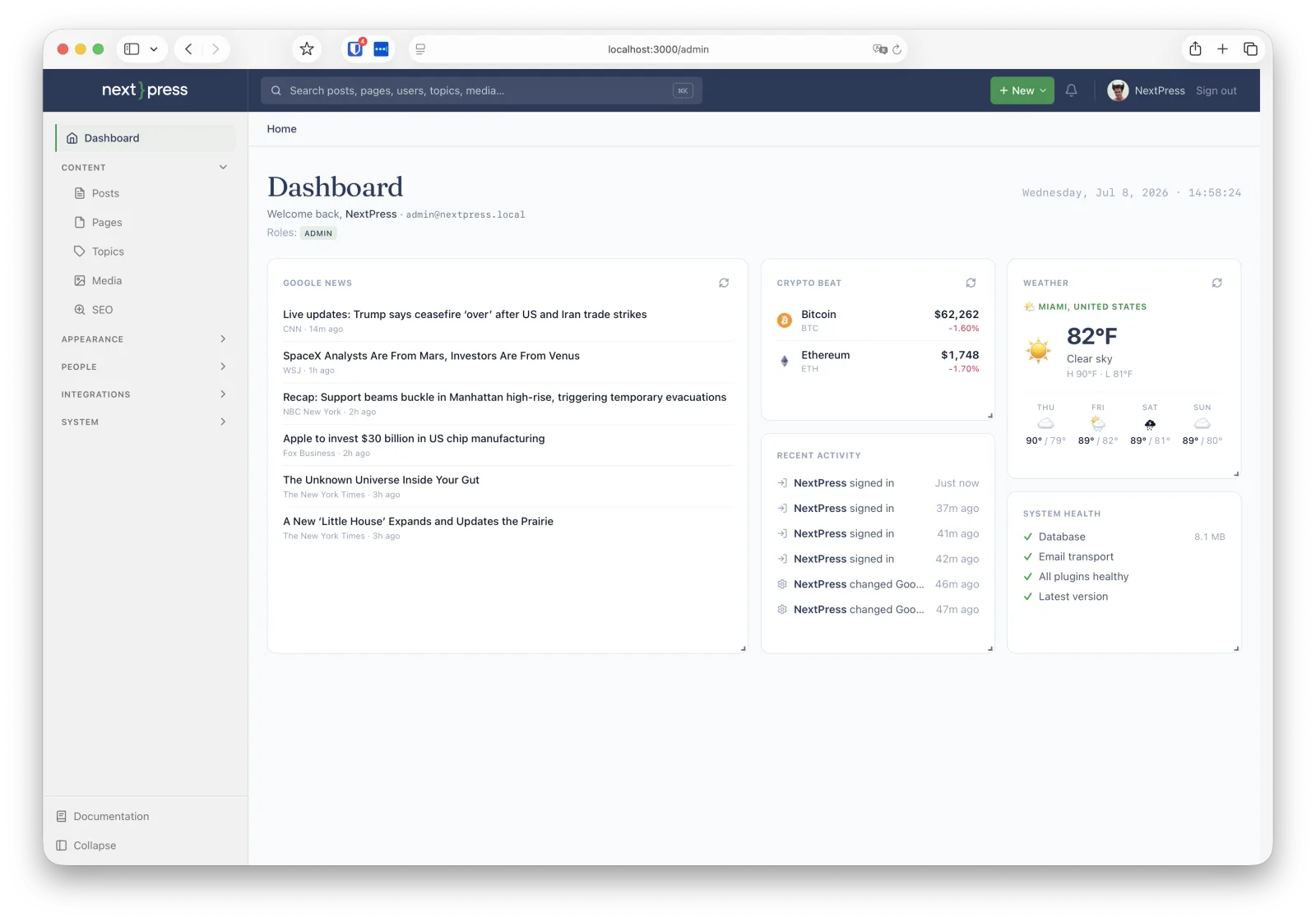 The NextPress admin dashboard: content, integrations, and system health cards at a glance.