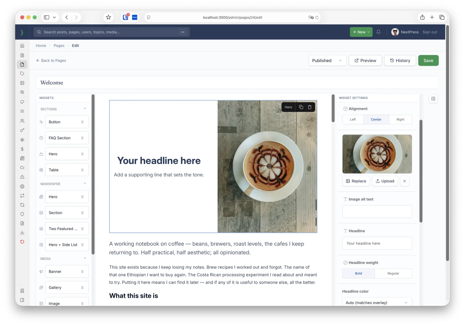The block-based page editor with a hero-section widget being configured.