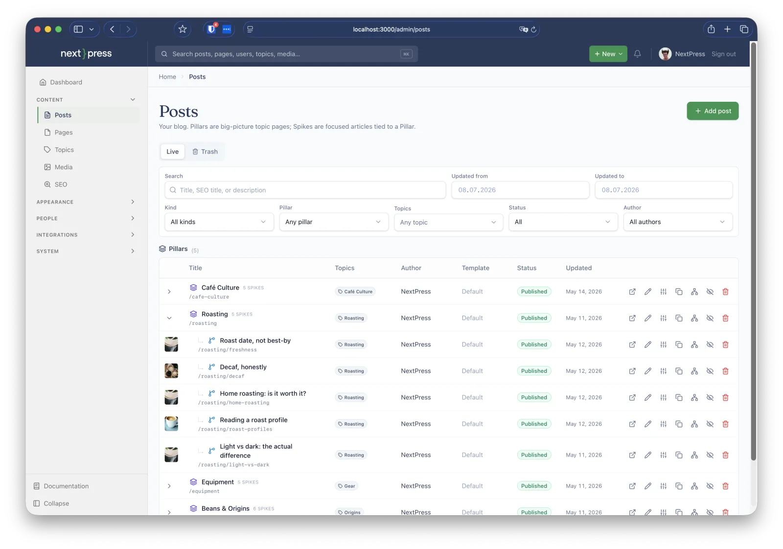 NextPress admin — all posts with topics, authors, and status