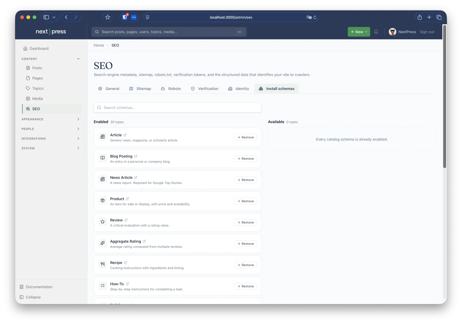 The SEO admin showing structured-data schema configuration.