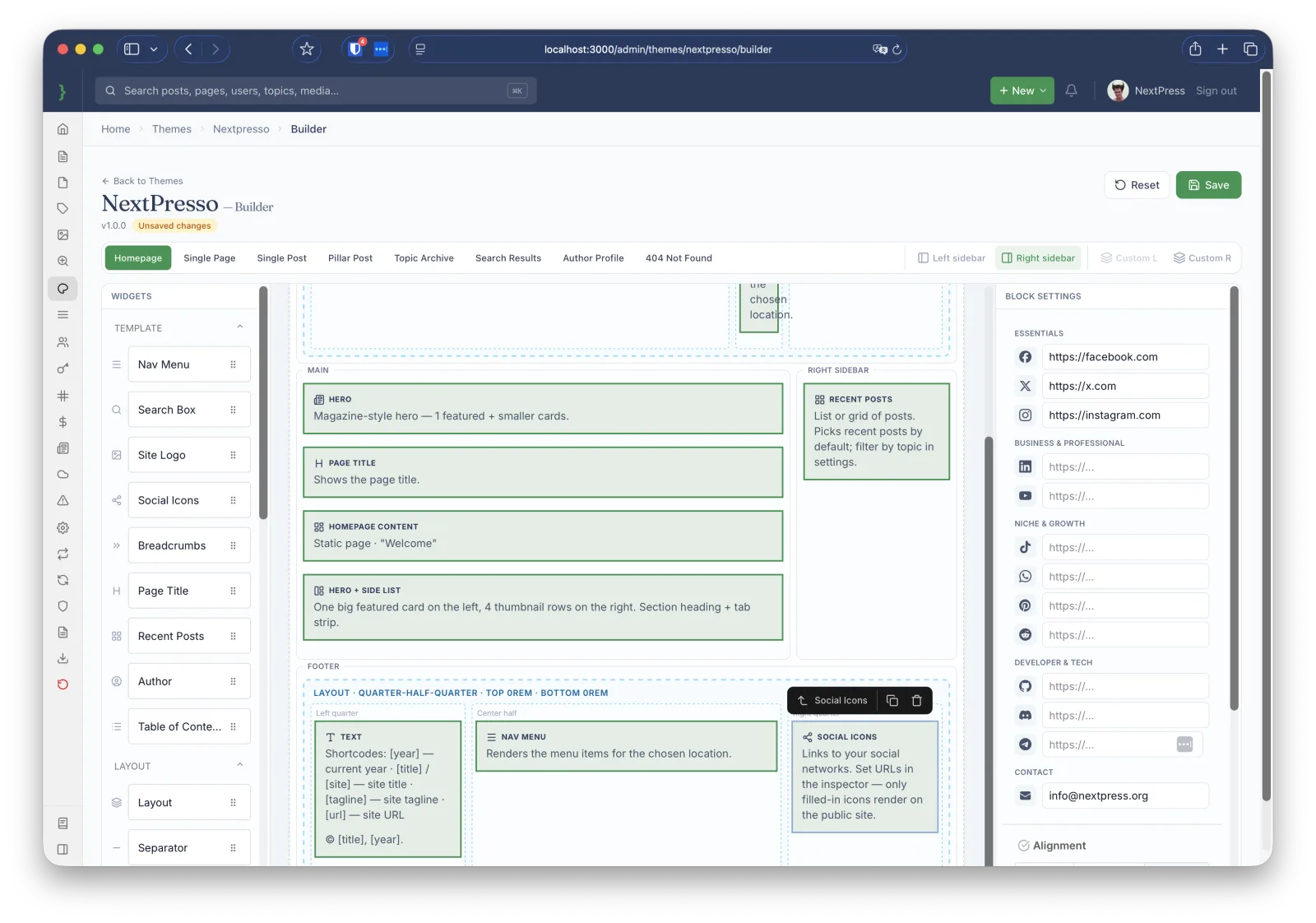 The visual theme builder editing a layout with live template controls.